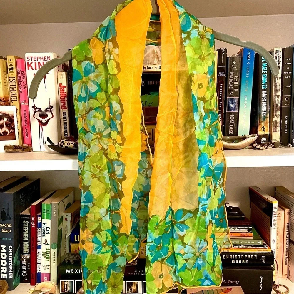 Glentex 100% Silk Vintage Scarf Hand Rolled Japan Floral Green Blue Orange Large
